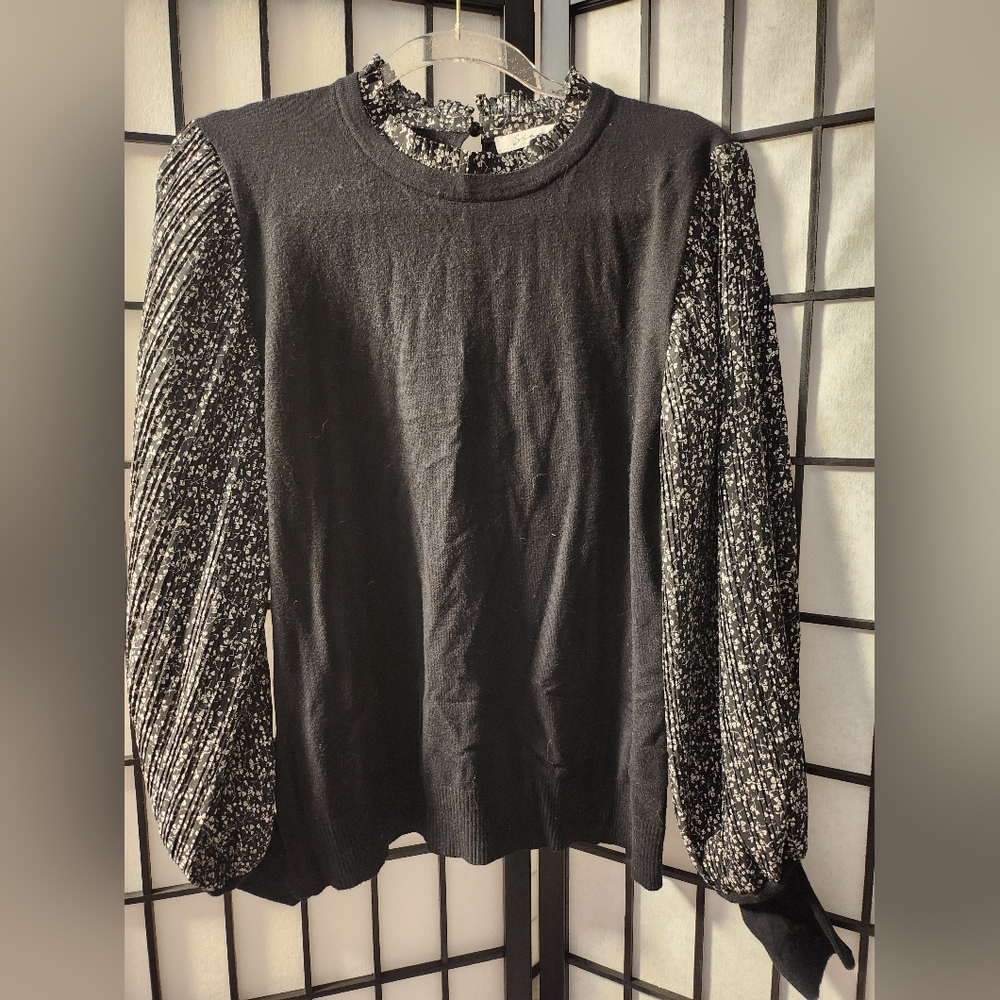 Siani Milano Women's Large Sweater Puff Sleeve Top Black High Neck Ruffle Floral